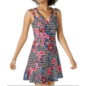 New Guess Sleeveless Floral Houndstooth Fit & Flare Mini Dress Size 10 NWOT